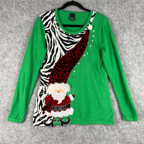 Berek Studio Sweaters - Berek Studio Ugly Christmas Sweater Womens Medium Green Santa Beaded Sequin 3D